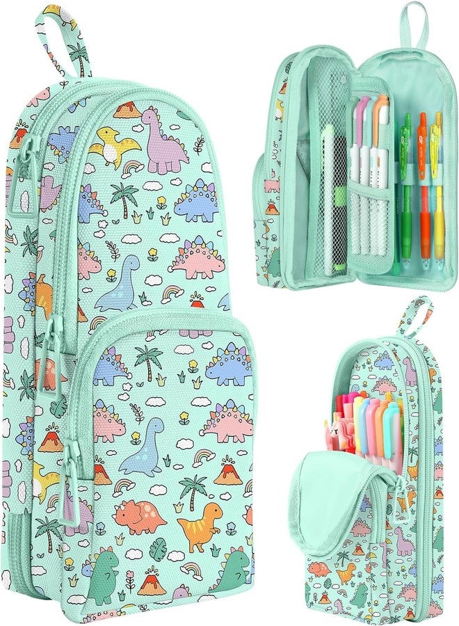 Dravina Canvas Large Capacity Pencil Pouch with 3 Zippers & 5 Compartments| Aesthetic Stationary Standing Pencil Case| Waterproof School Box for Girls & Boys Unicorn Pencil Box (Green Dinosaur) - Image 1